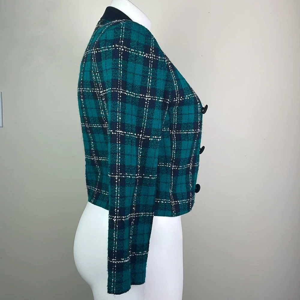 Positive Attitude Vintage Tweed Blazer Velvet Collar Teal Green Plaid